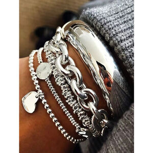 5Pcs Vintage Chunky Silver Layered Chain Bracelet Set with Heart & Cuff..SH